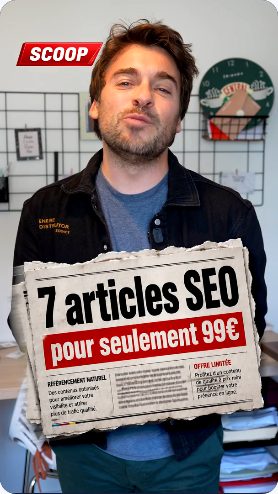 Vidéo UGC de Aurélien : Une offre de rédaction d’articles SEO, Présentation face caméra avec incrustation de l’offre