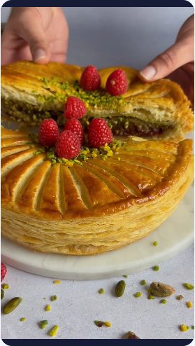 Vidéo UGC de Eyade : Une galette garnie, pistaches et framboises, Présentation culinaire et plans de découpe